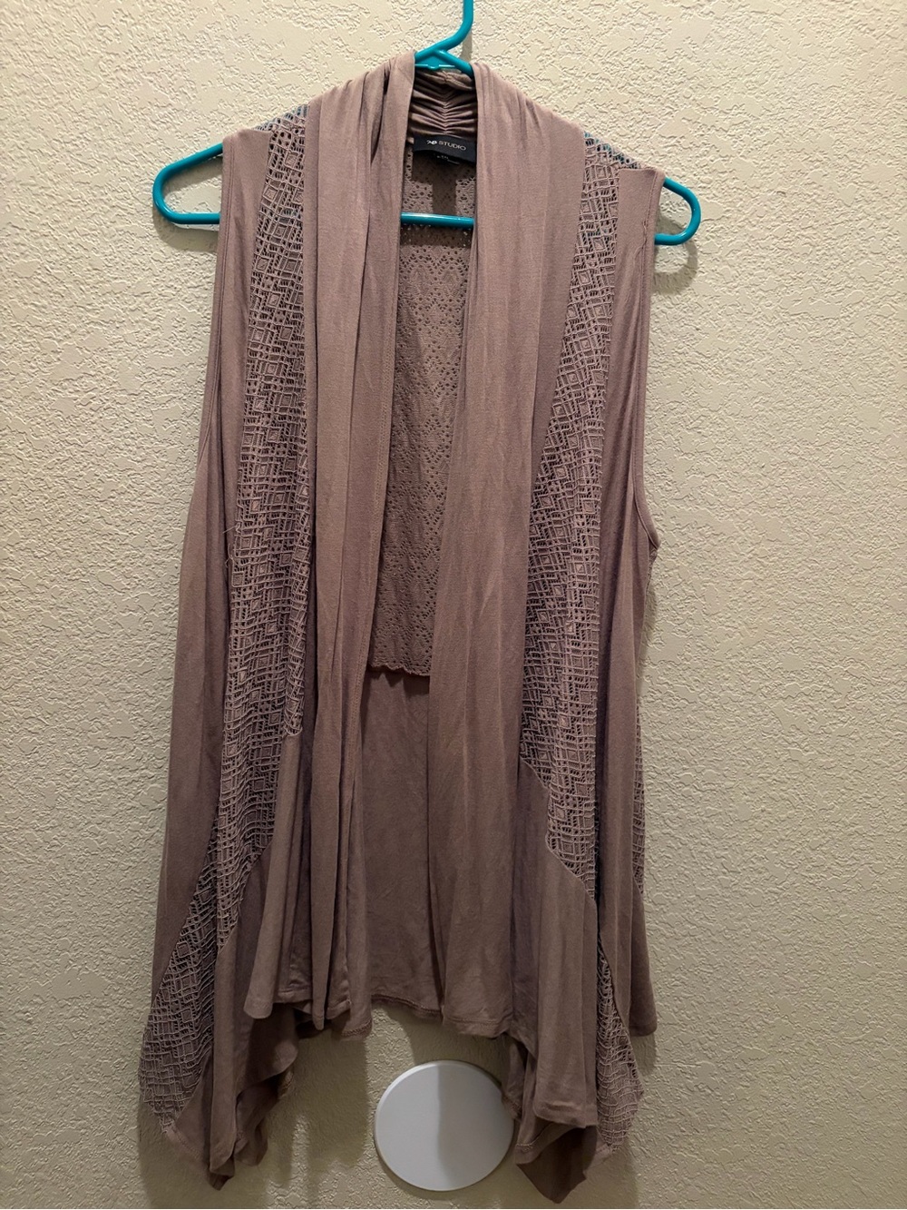 AB Studio Taupe Open-Front Lace-Panel Sleeveless Cardigan
